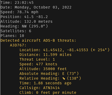 A screenshot of a text based console containing several pieces of diagnostic information including information about a nearby aircraft.