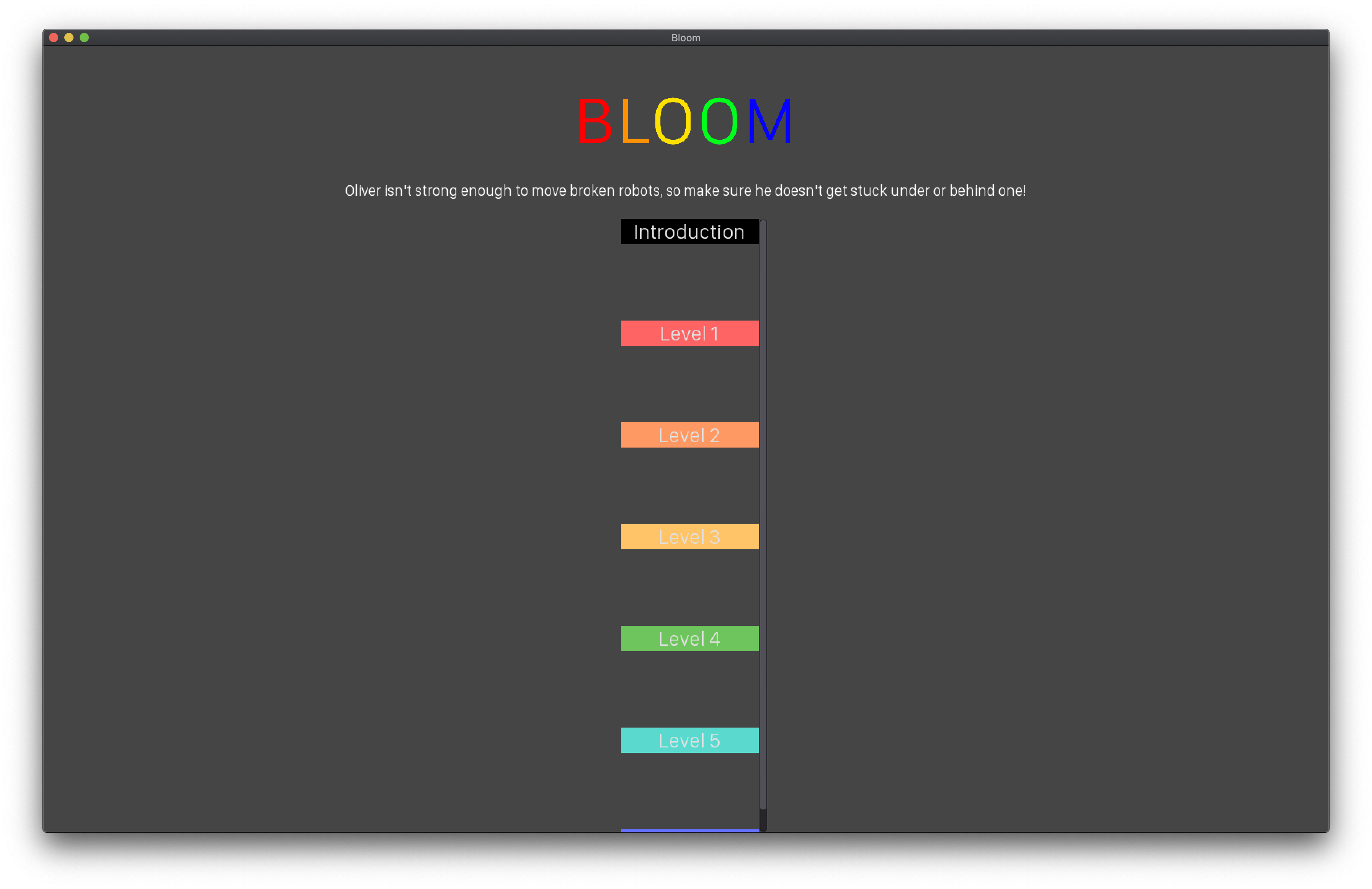 Screenshot of Bloom's main menu