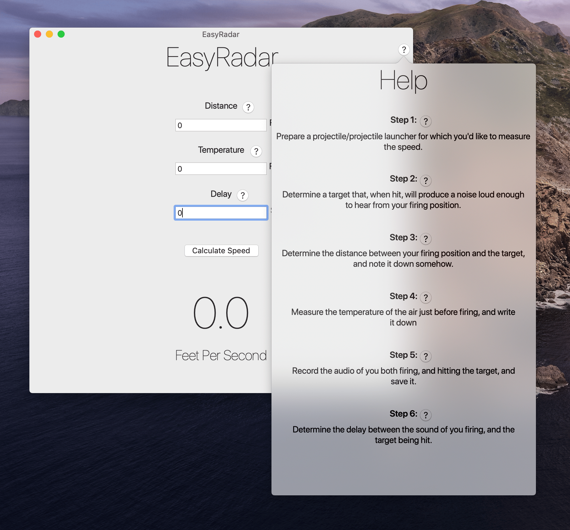 EasyRadar main interface with help dialog