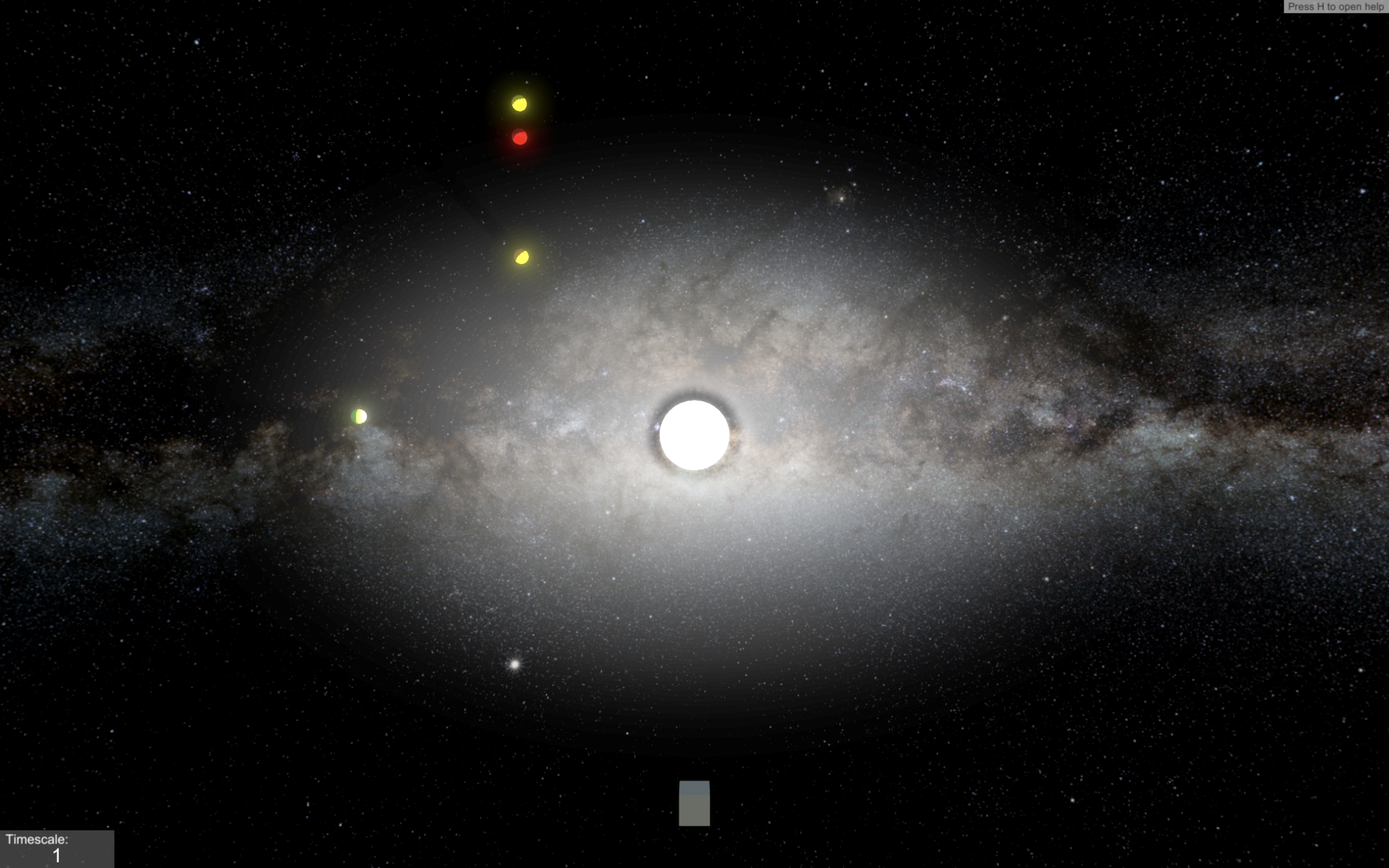 Bright virtual sun being orbited by 4 colorful planets shown from outer space