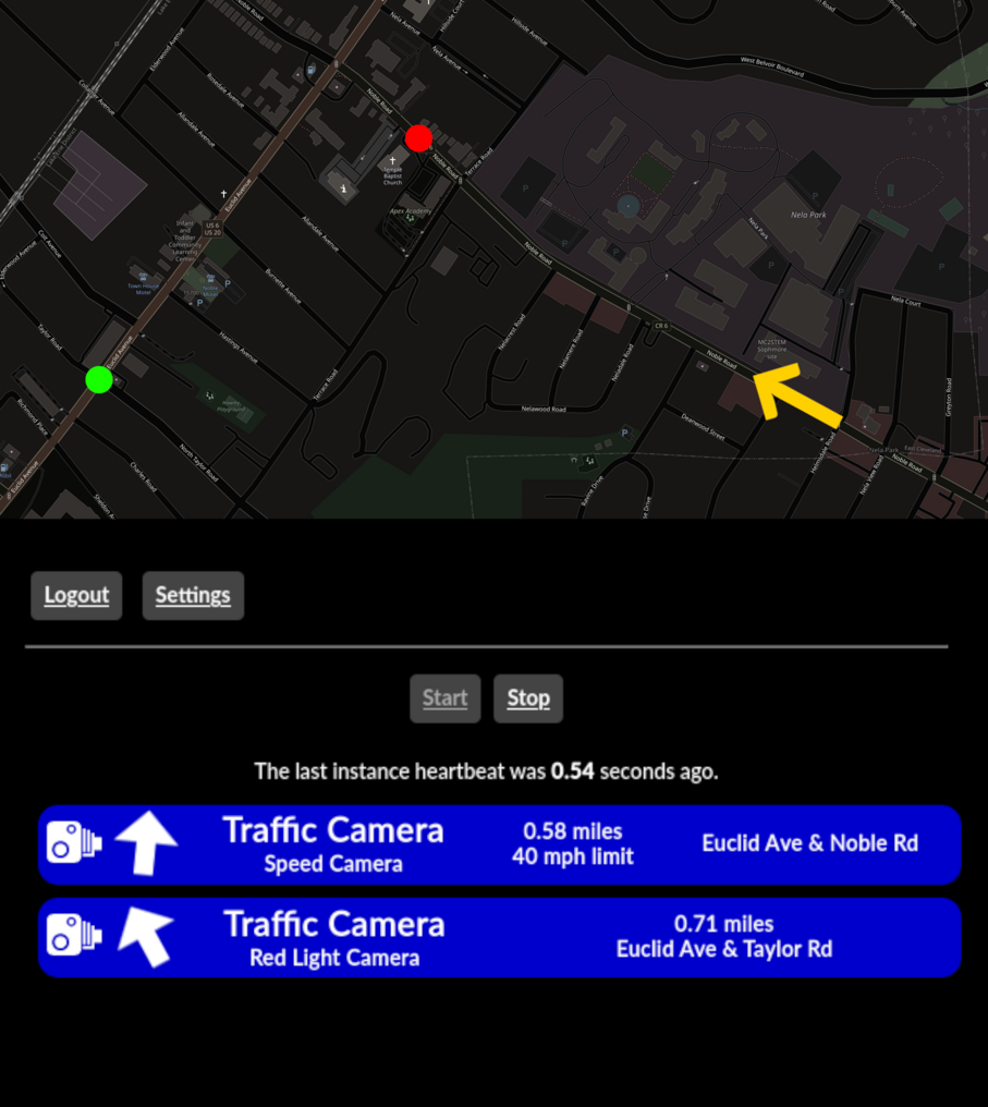 A screenshot of a map with two marked traffic cameras, along side a screenshot of the Marksman interface, depicting to alerts for traffic cameras.