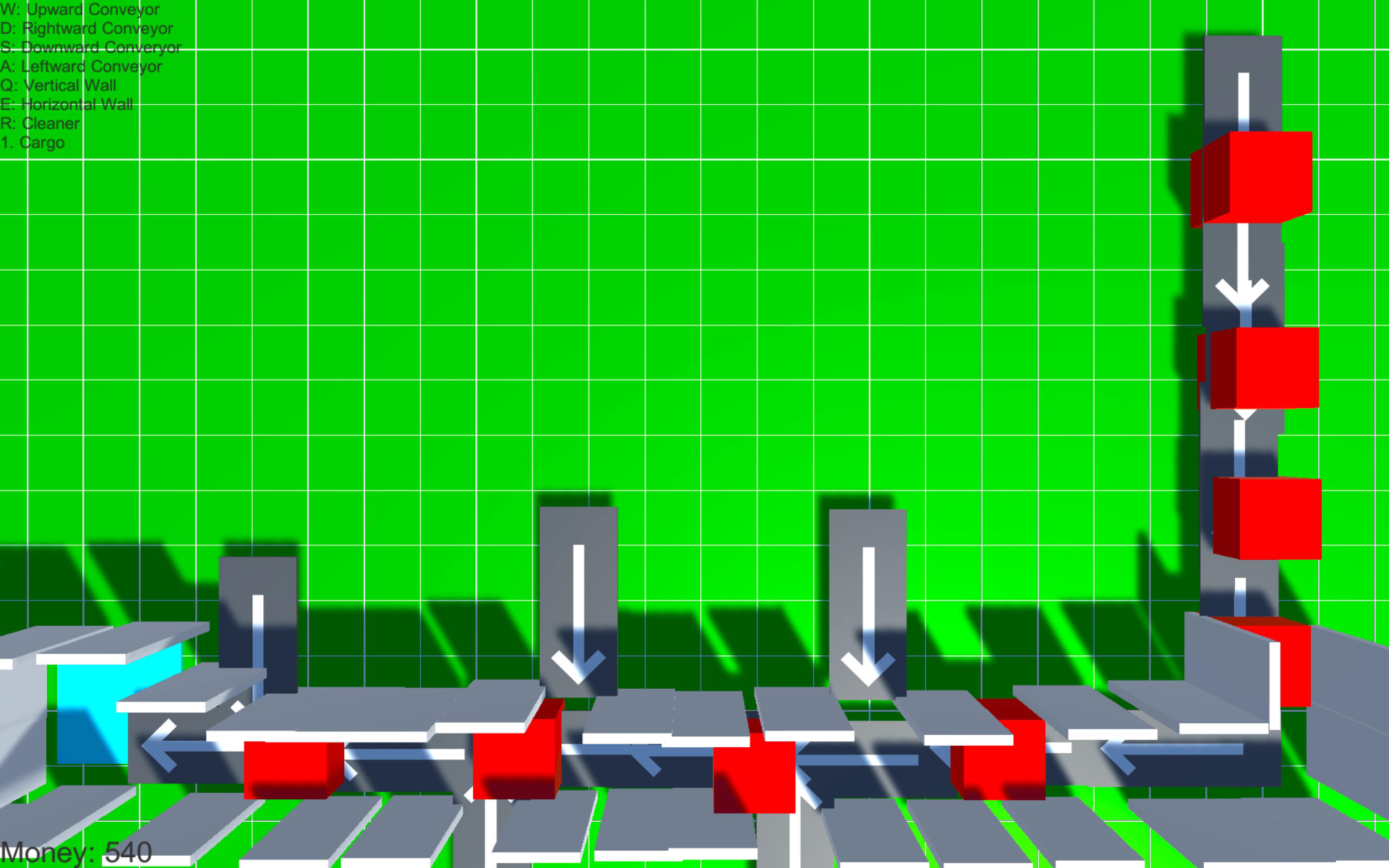 A screenshot of a Production factory with an L shaped conveyor belt