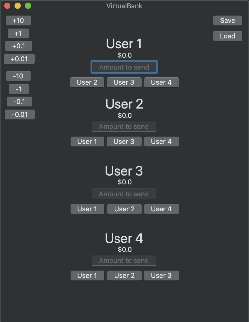 A screenshot of the main VirtualBank interface in dark mode